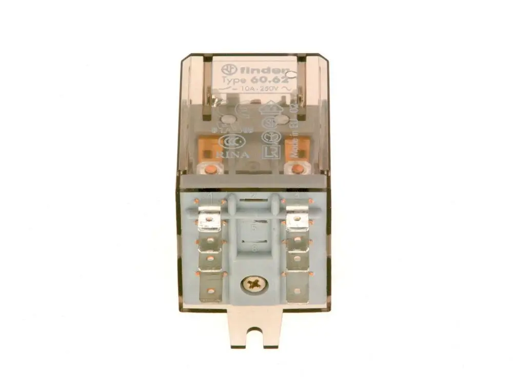 Relais von Bosch mit transparentem Gehäuse und sichtbaren Anschlussflächen. Das Produkt zeigt mehrere Kontakte zur elektrischen Verbindung.